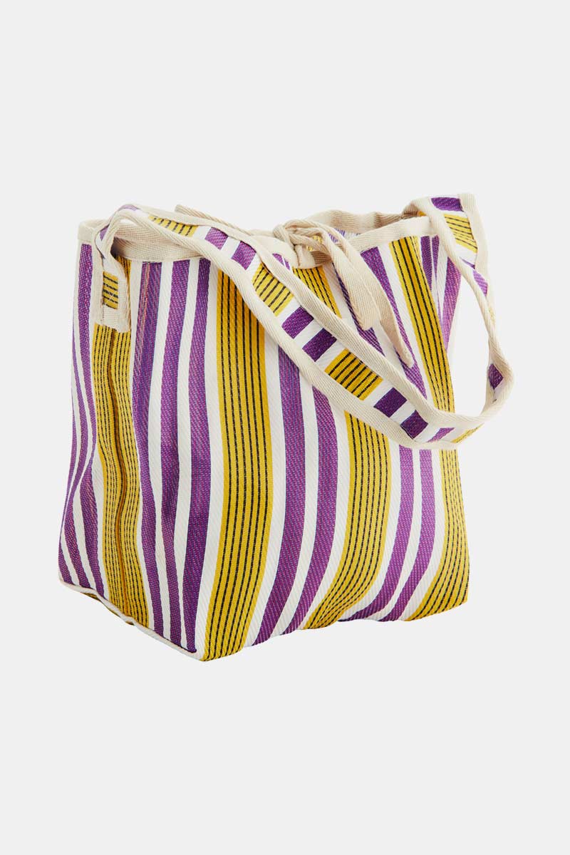 Cut out image of Madam Stoltz Recycled HDPE Tie Top Yellow Stripe Market Bag