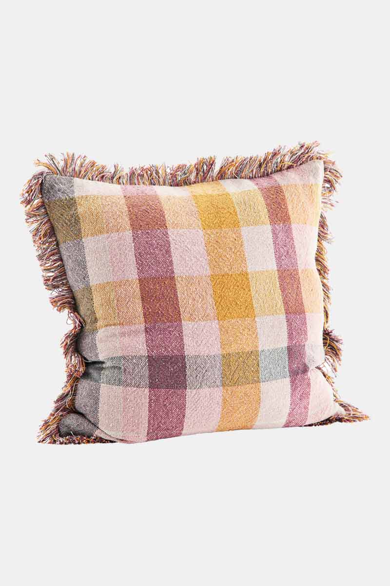 Checked Cushion Cover with Fringes