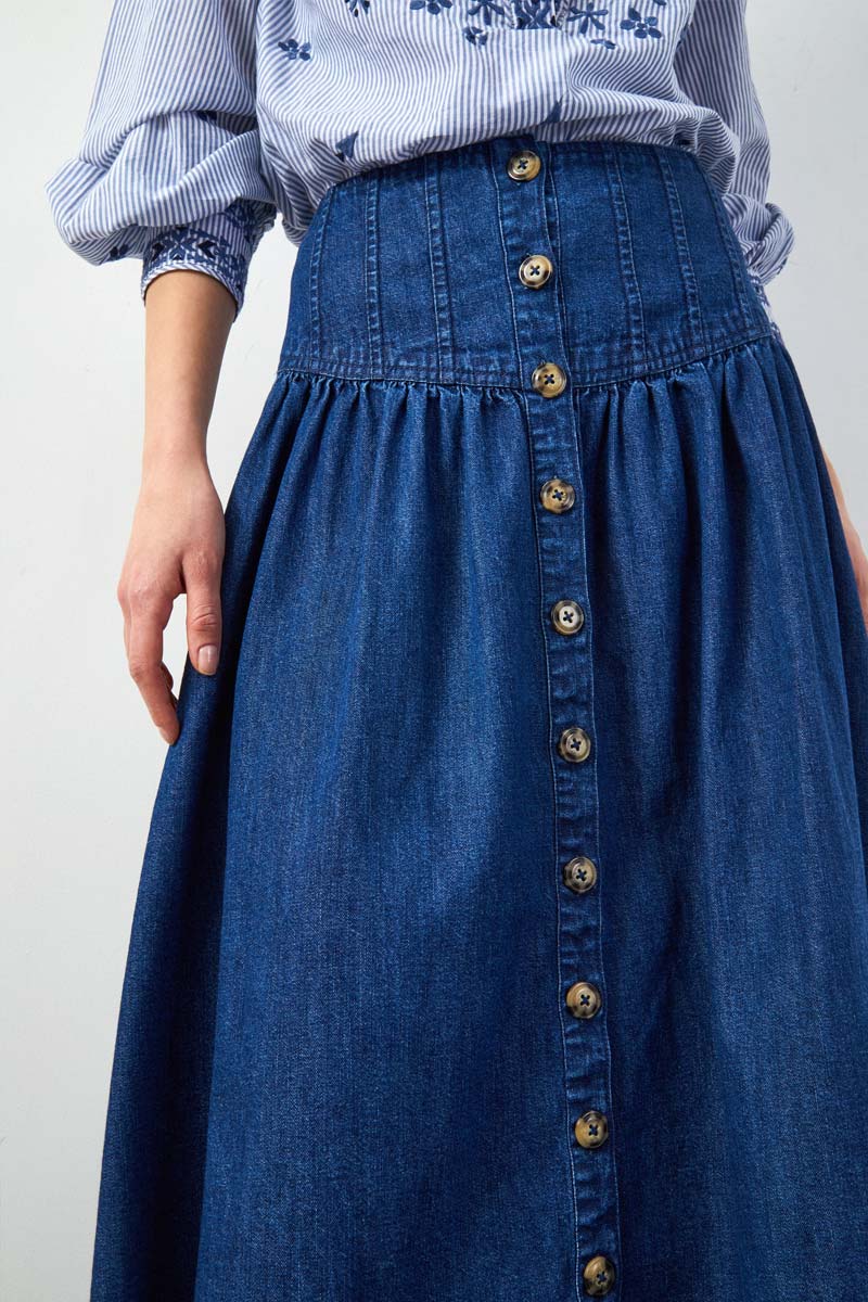 Denim Skirt Button Front Midi Skirt With Pockets Long Denim Skirt