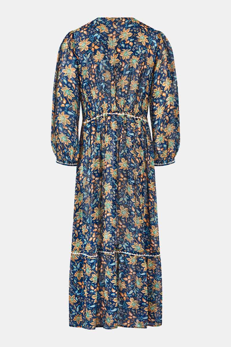 Back view of East Carly navy and orange printed floral dress.