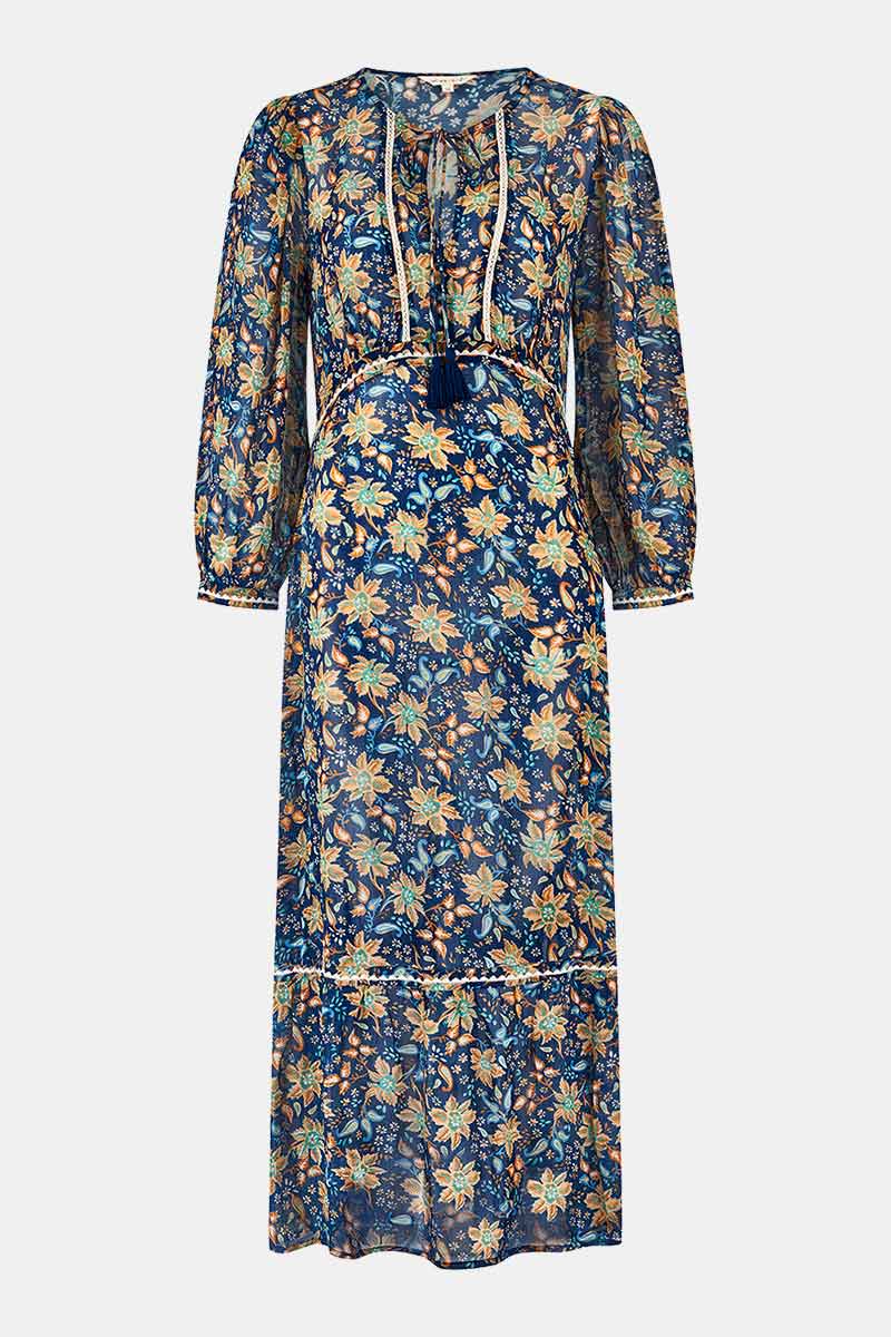 Front view of East Carly navy and orange printed floral dress.