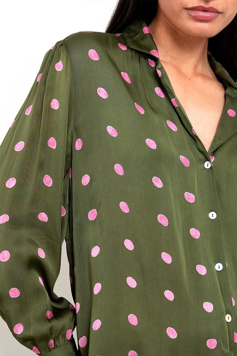 Model wears East Heritage Jenny Green Satin Shirt