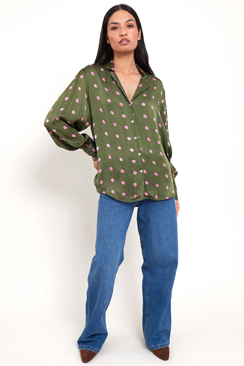 Model wears East Heritage Jenny Green Satin Shirt