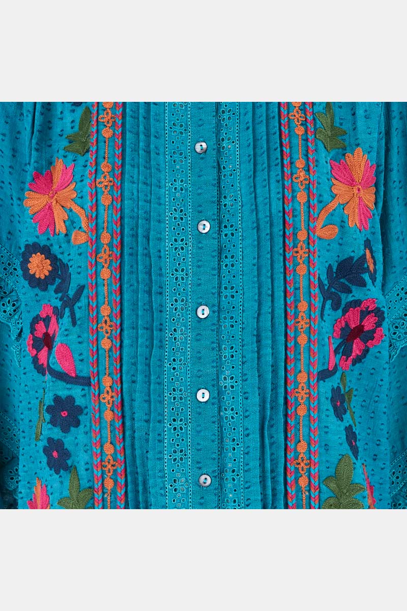 Detail shot. East Keoni Blue Embroidered Blouse.