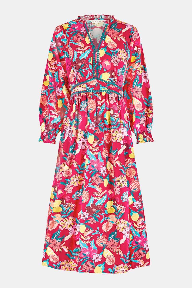 Front shot. EAST x Romy Gill, Romy printed dress.