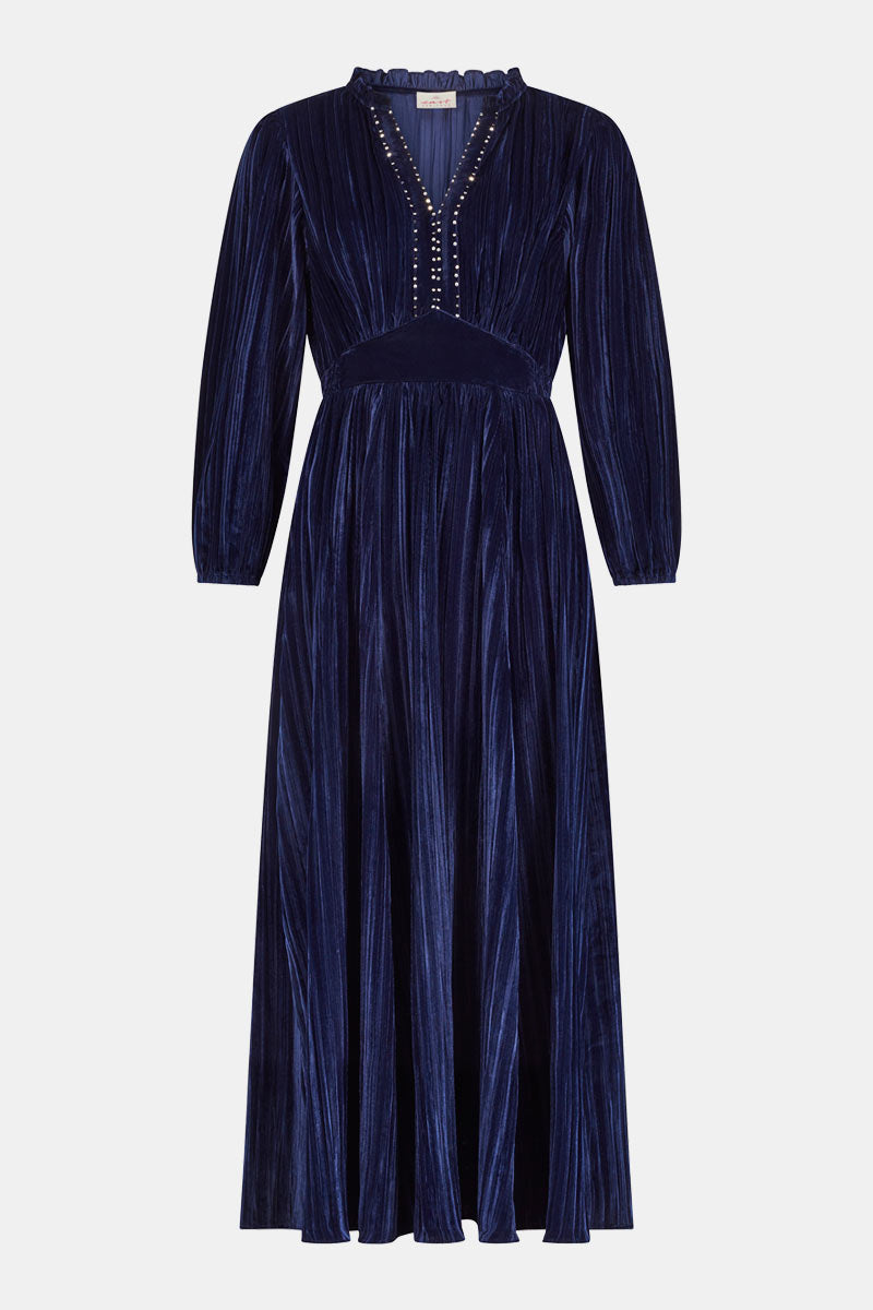 Front shot. East Heritage Wendy navy velvet dress.