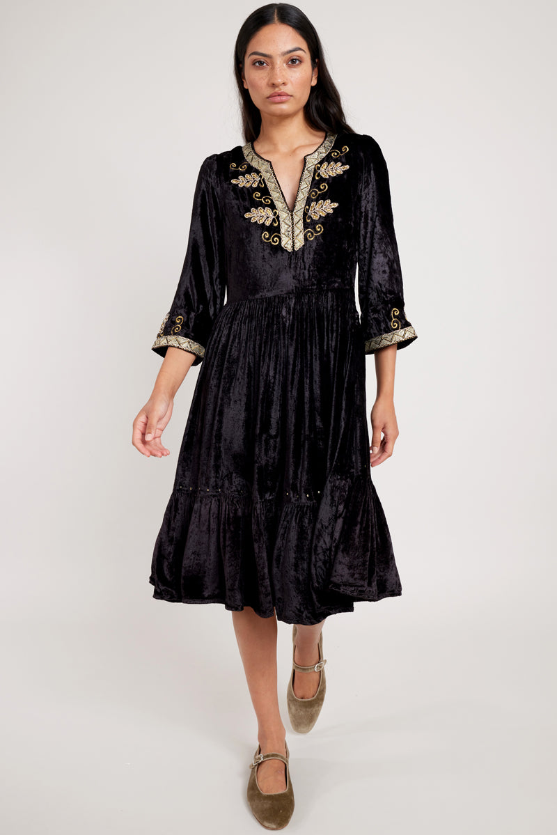 Daniella Black Velvet Embroidered Dress east.co.uk