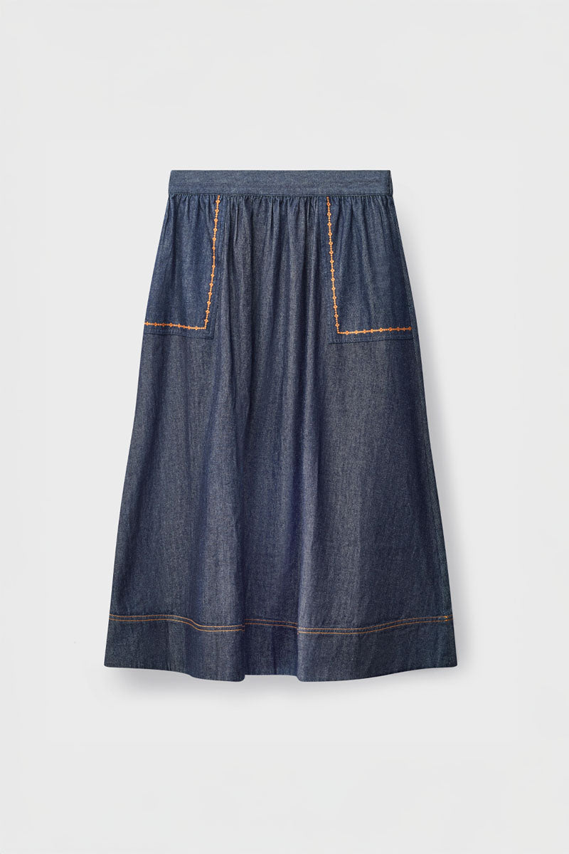 Jayla Denim Embroidered Midi Skirt