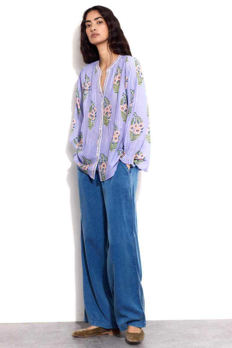 Model wears EAST Logan Lilac Printed Top