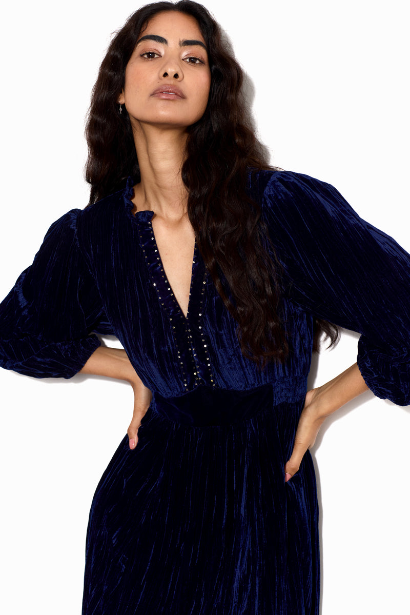 Wendy Navy Crinkle Velvet Dress