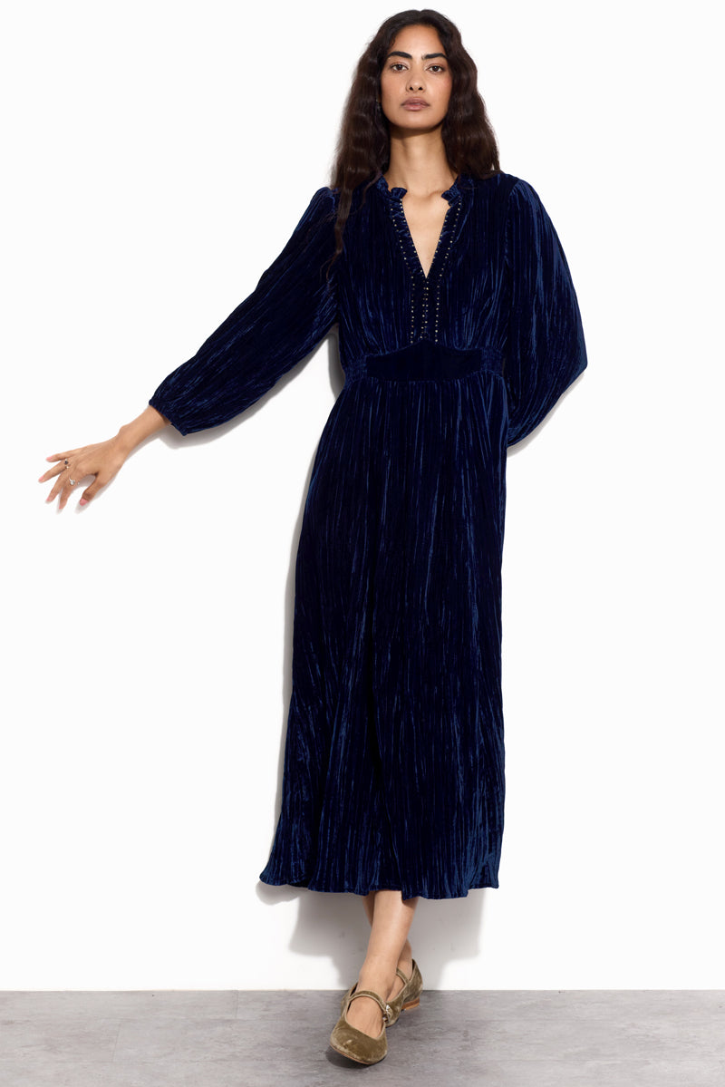Wendy Navy Crinkle Velvet Dress