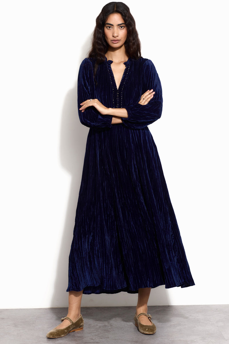 Wendy Navy Crinkle Velvet Dress