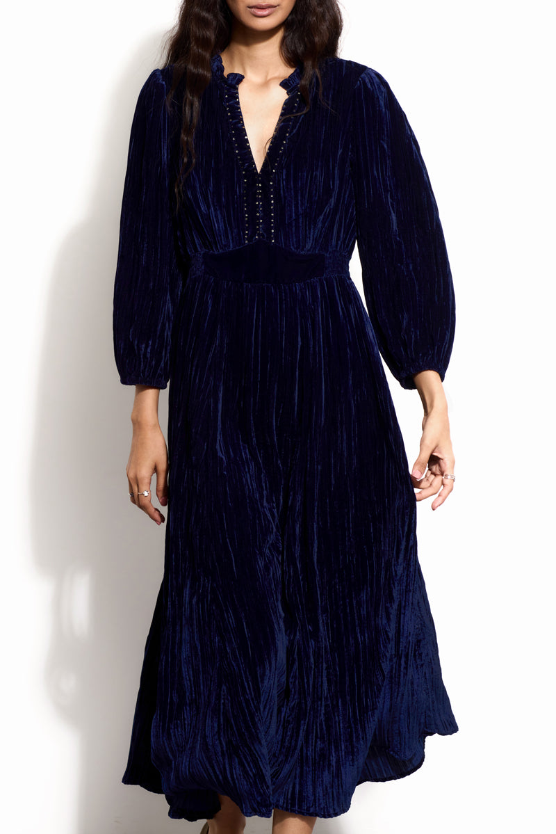 Wendy Navy Crinkle Velvet Dress