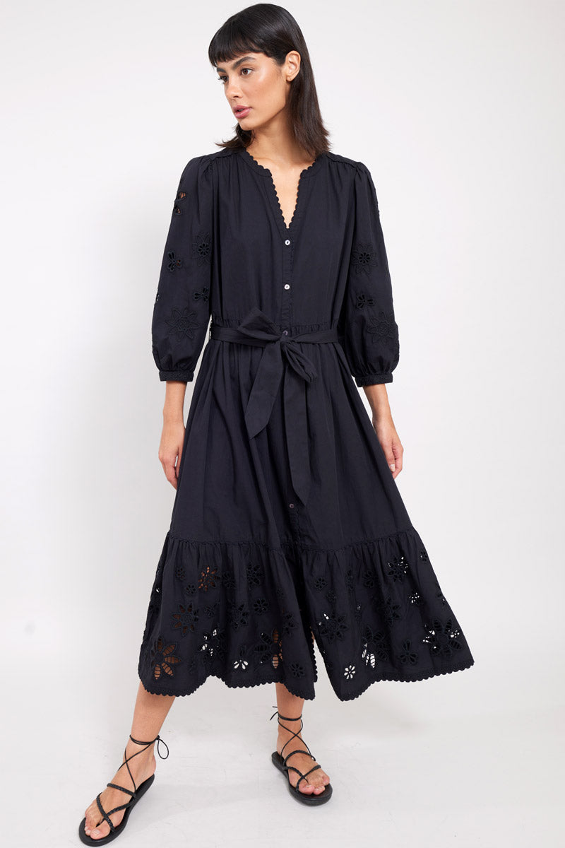 Model wears East Heritage Harlow Black Organic Cotton Embroidered Dress