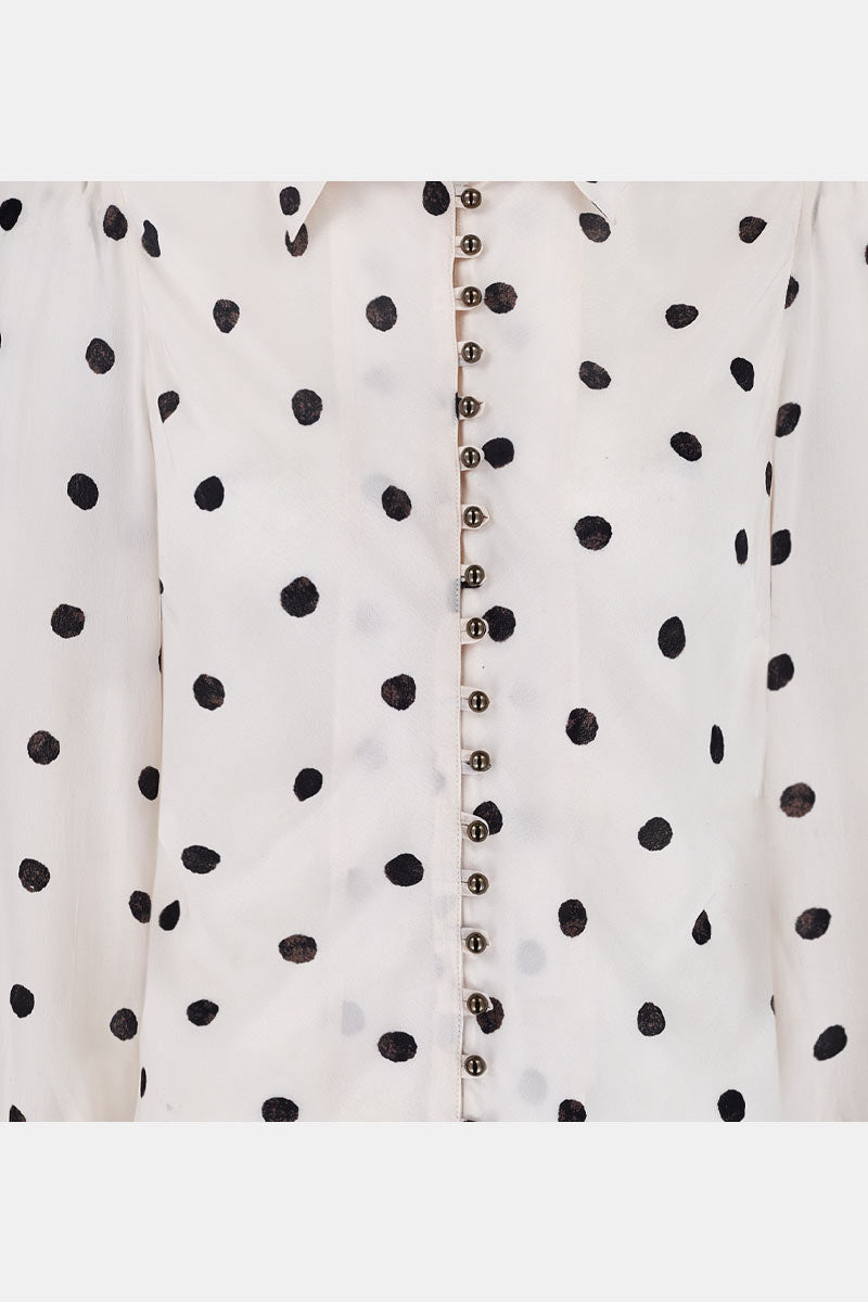 Detail shot. East Heritage Miriyam spot print blouse.