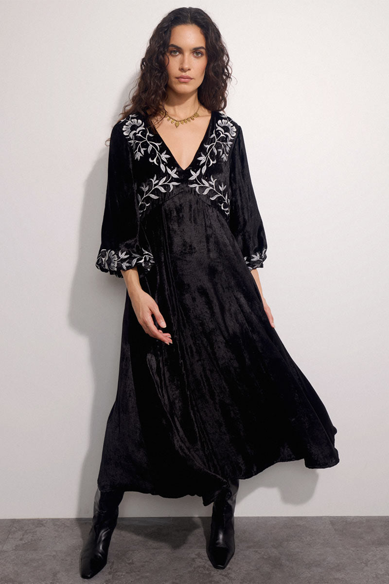 Bibi Embroidered Velvet Maxi Dress