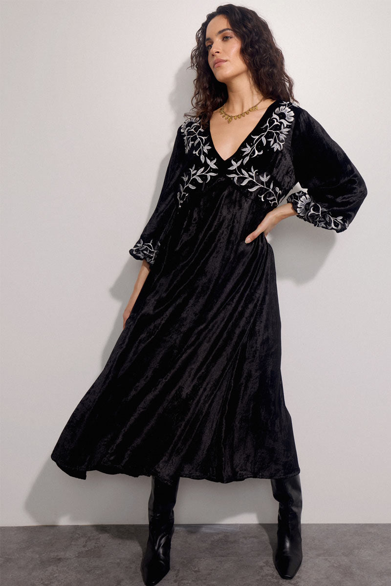 Bibi Embroidered Velvet Maxi Dress