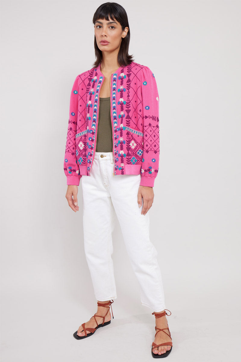 Model wears Blakely Hot Pink Embroidered Bomber Jacket