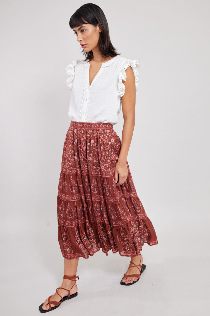 Side view of model wearing East Elaine Floral Skirt with East Heritage Hera White Top