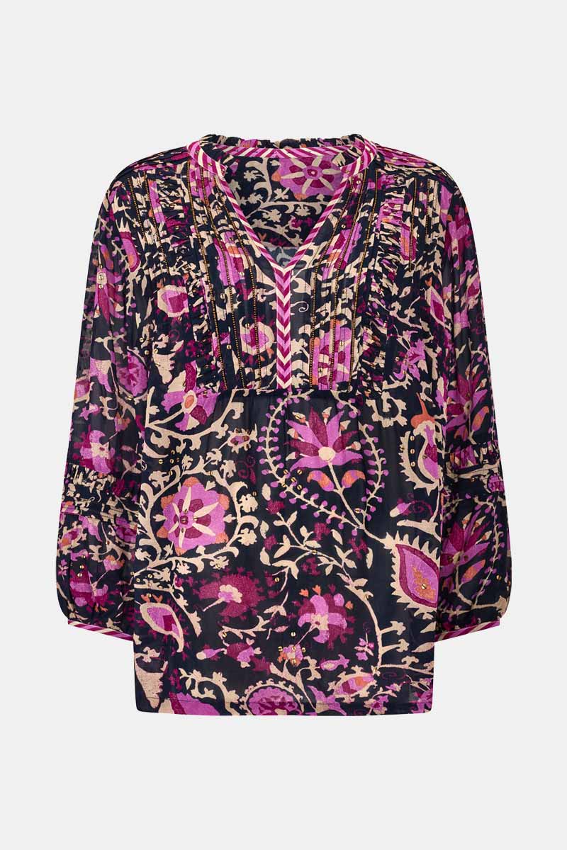 Lanya Navy Printed Gold detail Blouse