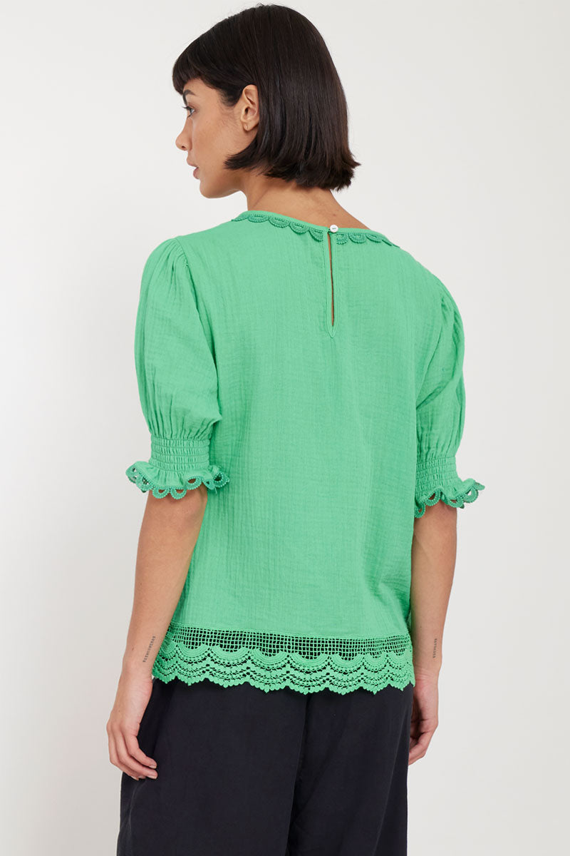 Back view close up of model wearing East Lena Green Cotton Blouse