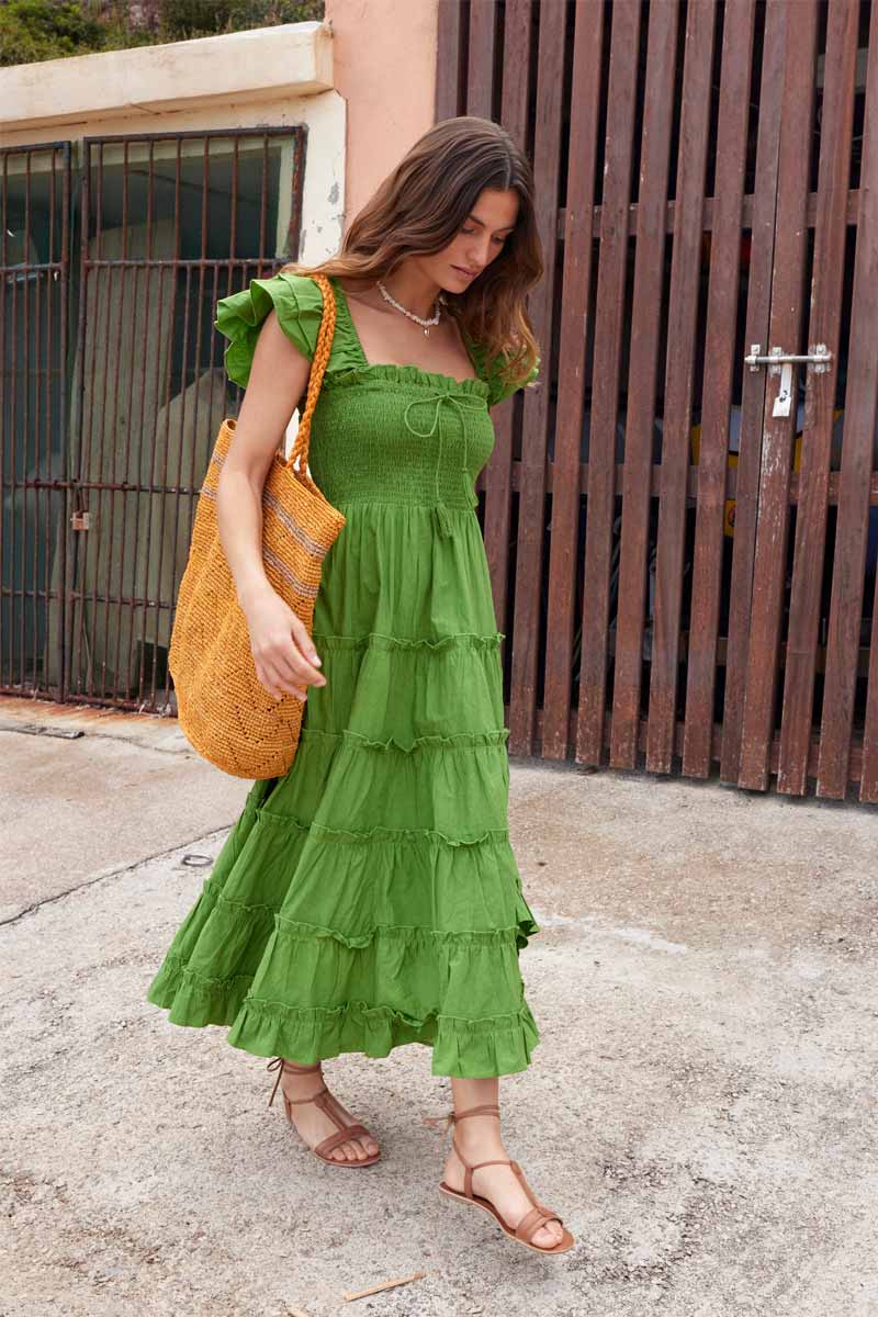 Model wears East Heritage Lola Green Cotton Poplin Dress