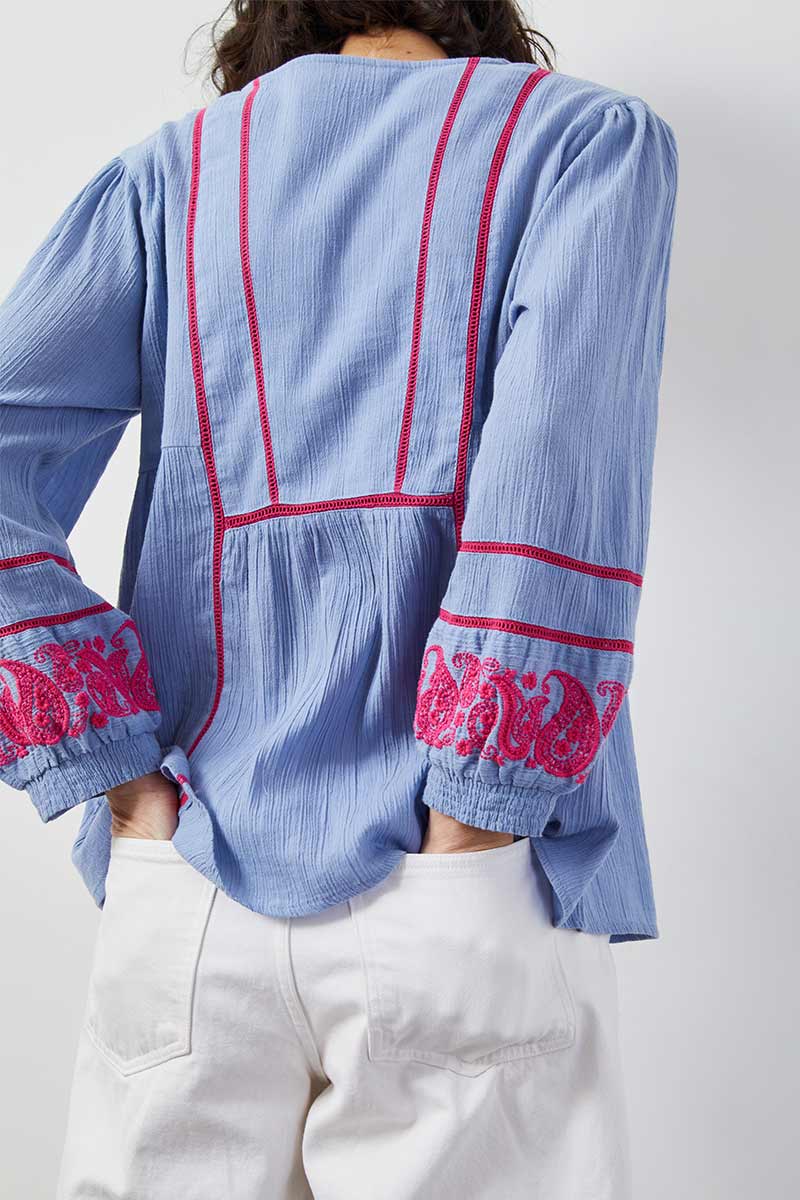 Circe Paisley Embroidered Light Blue Top