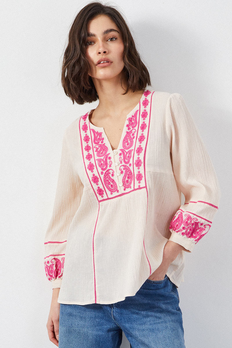 Circe Paisley Embroidered Ivory Top