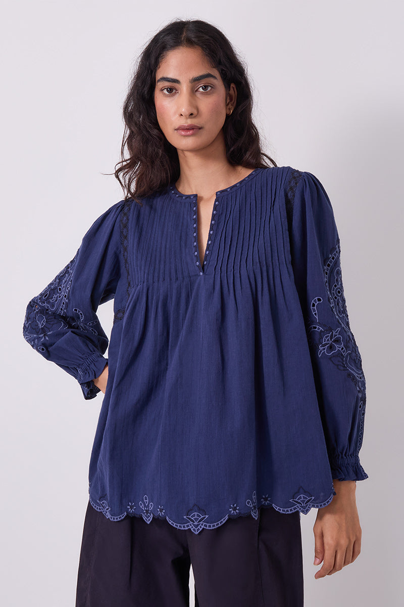 Pavlina Embroidered Cotton Navy Top