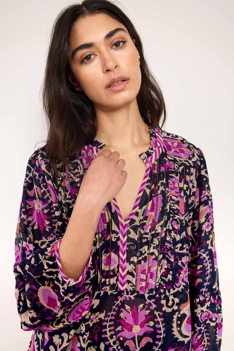 Lanya Navy Printed Gold detail Blouse