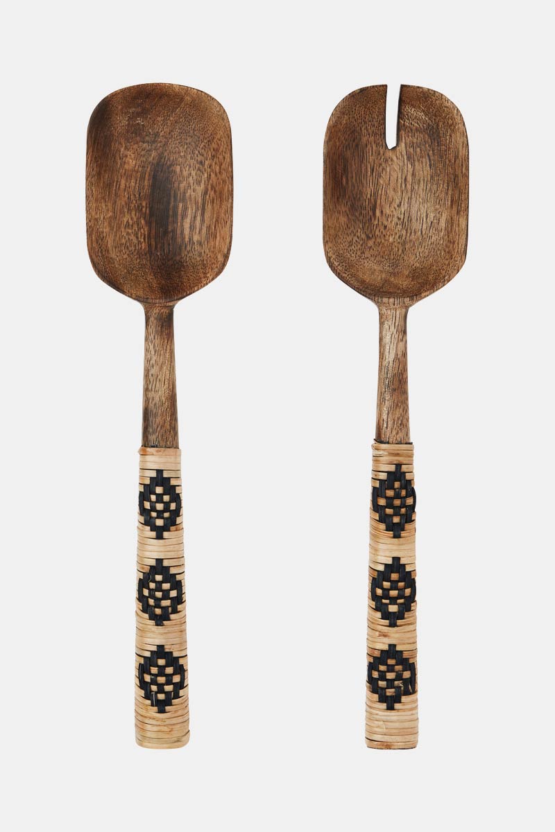 Woven Rattan Wooden Salad Spoons Set