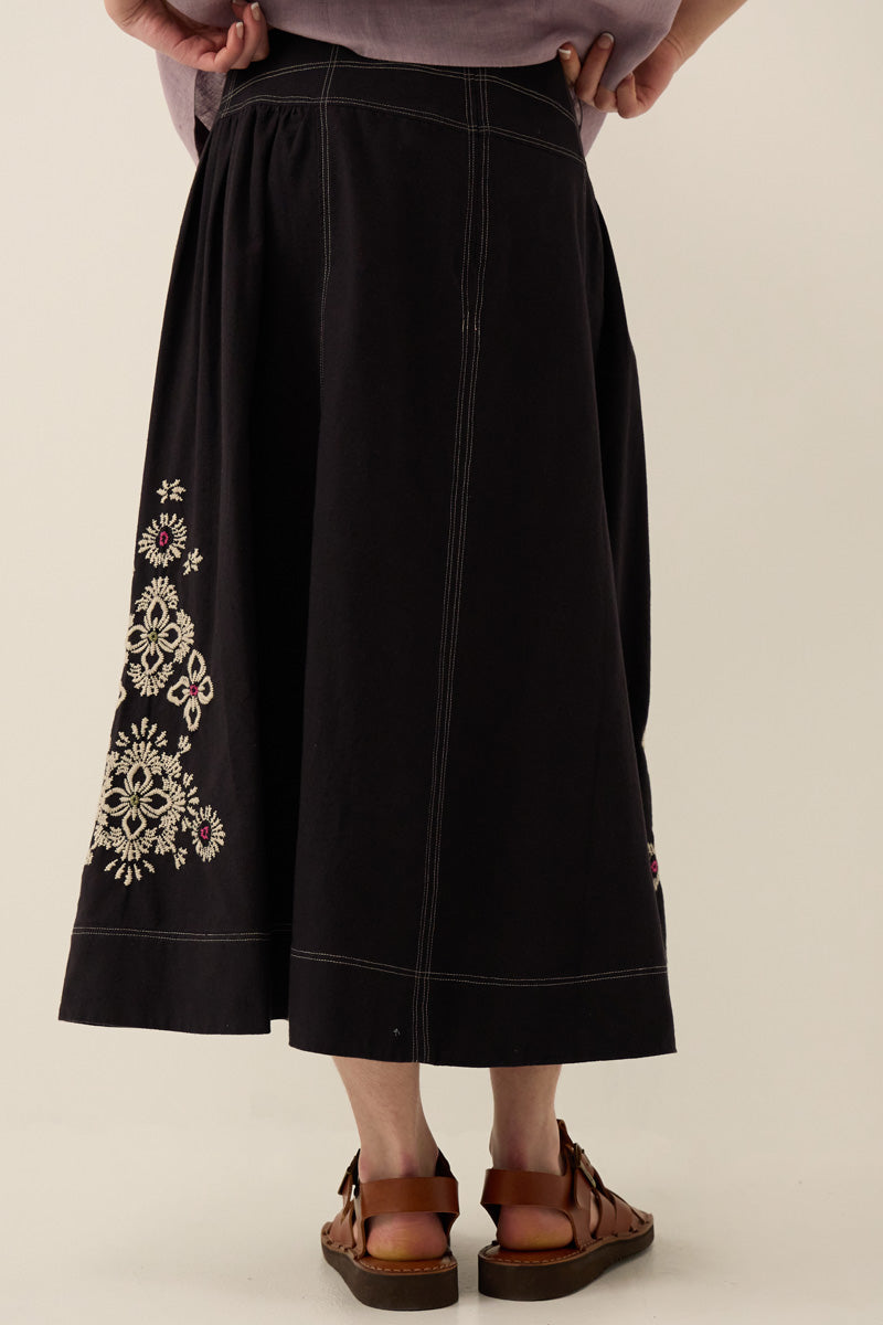Cora Floral Embroidered Cotton Twill Skirt