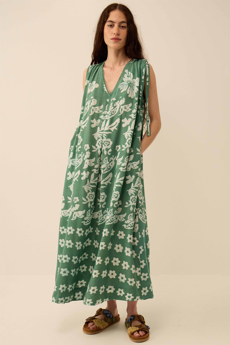 Aggie Hand-Batik Floral Green Dress