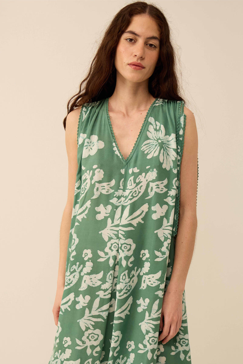 Aggie Hand-Batik Floral Green Dress