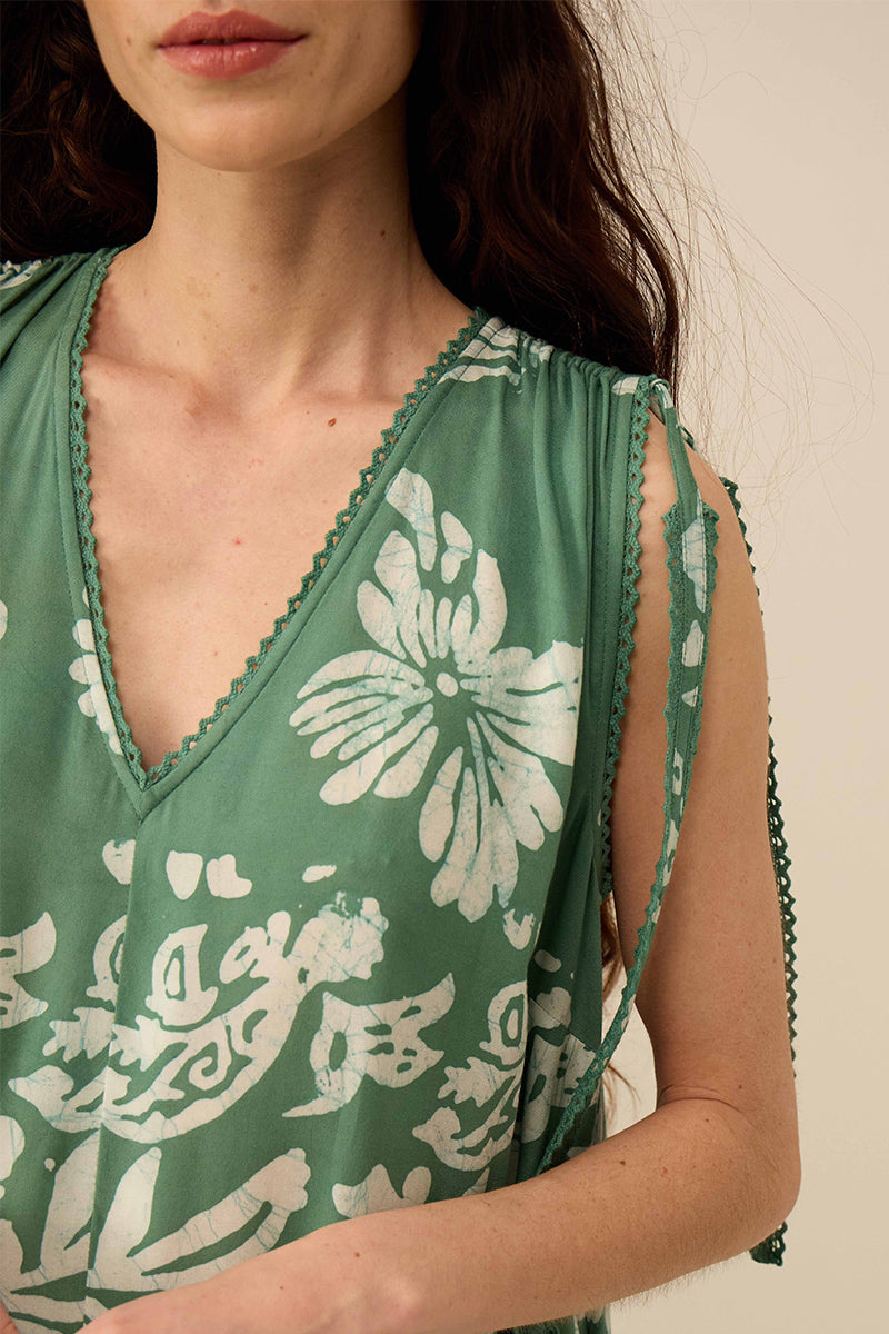 Aggie Hand-Batik Floral Green Dress