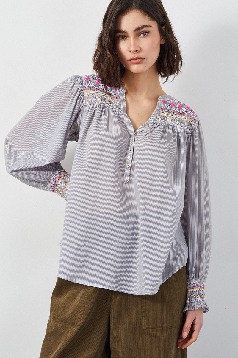 Alma Striped Embroidered Top