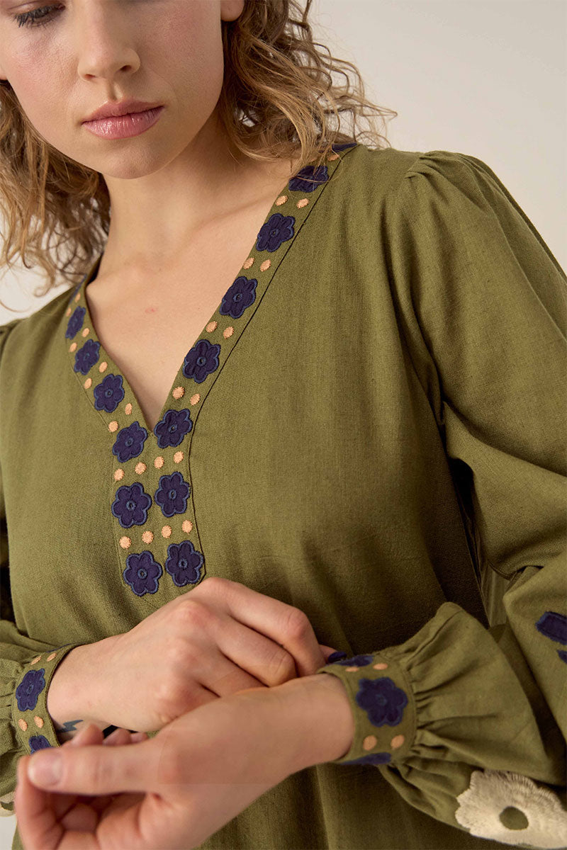 Bella Embroidered Cotton Twill Dress