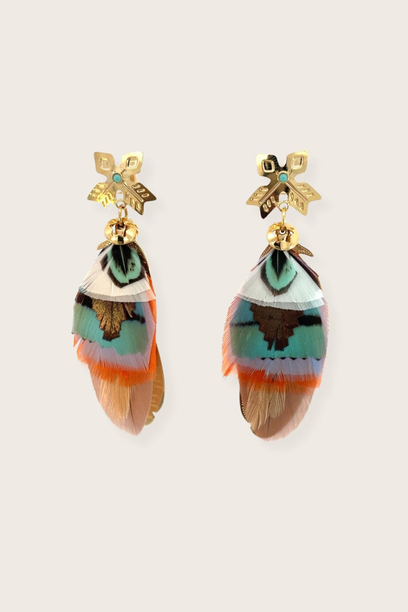 Sao Stone & Gold Plated Feather Earrings