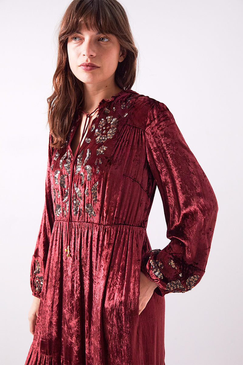 Brogan Velvet Embroidered Berry Dress