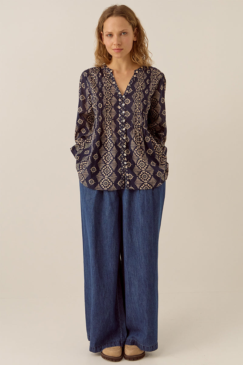 Celine Printed Navy Cotton Top