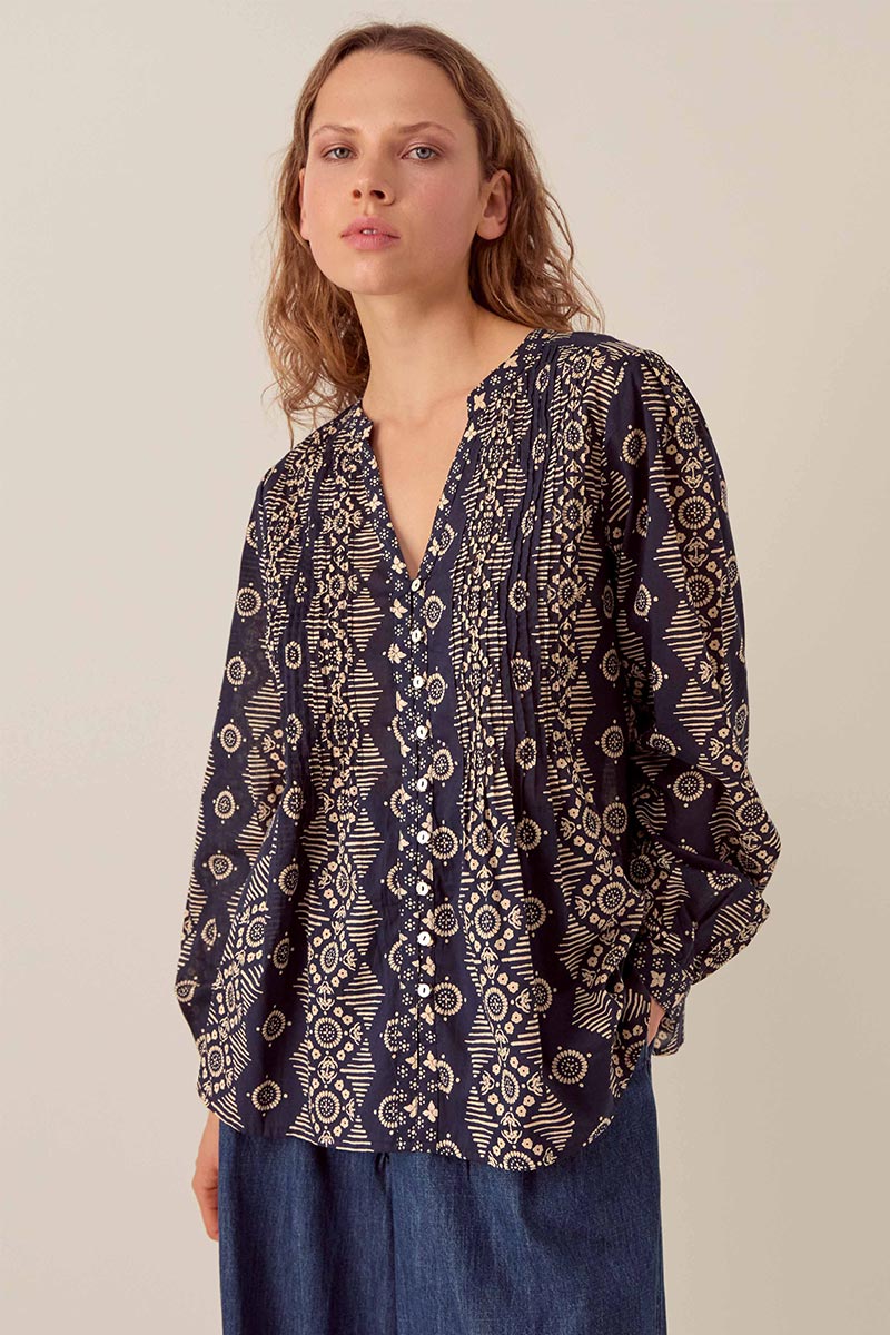 Celine Printed Navy Cotton Top