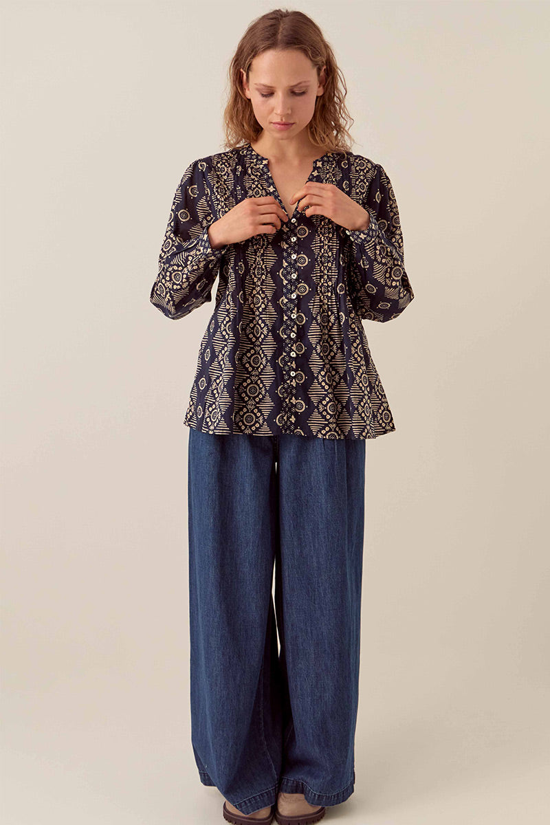 Celine Printed Navy Cotton Top