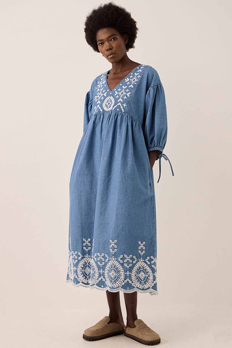 Coralie Denim Broderie Detailed Dress