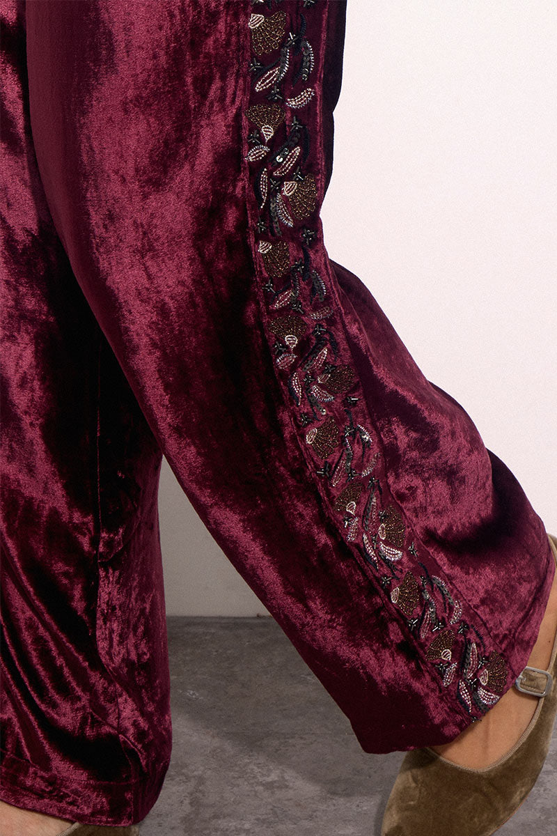 Elsa Burgundy Embroidered Velvet Trousers
