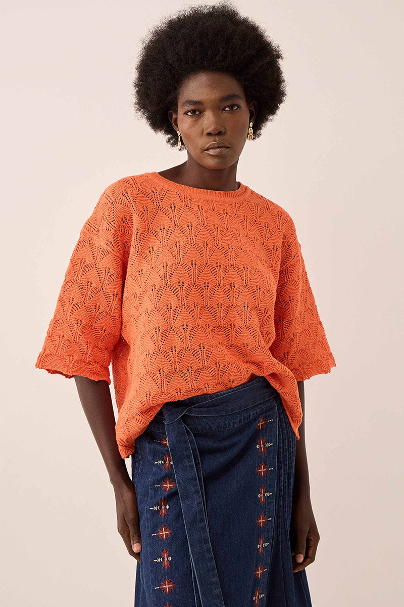 Flora Pointelle Knitted Tee Orange
