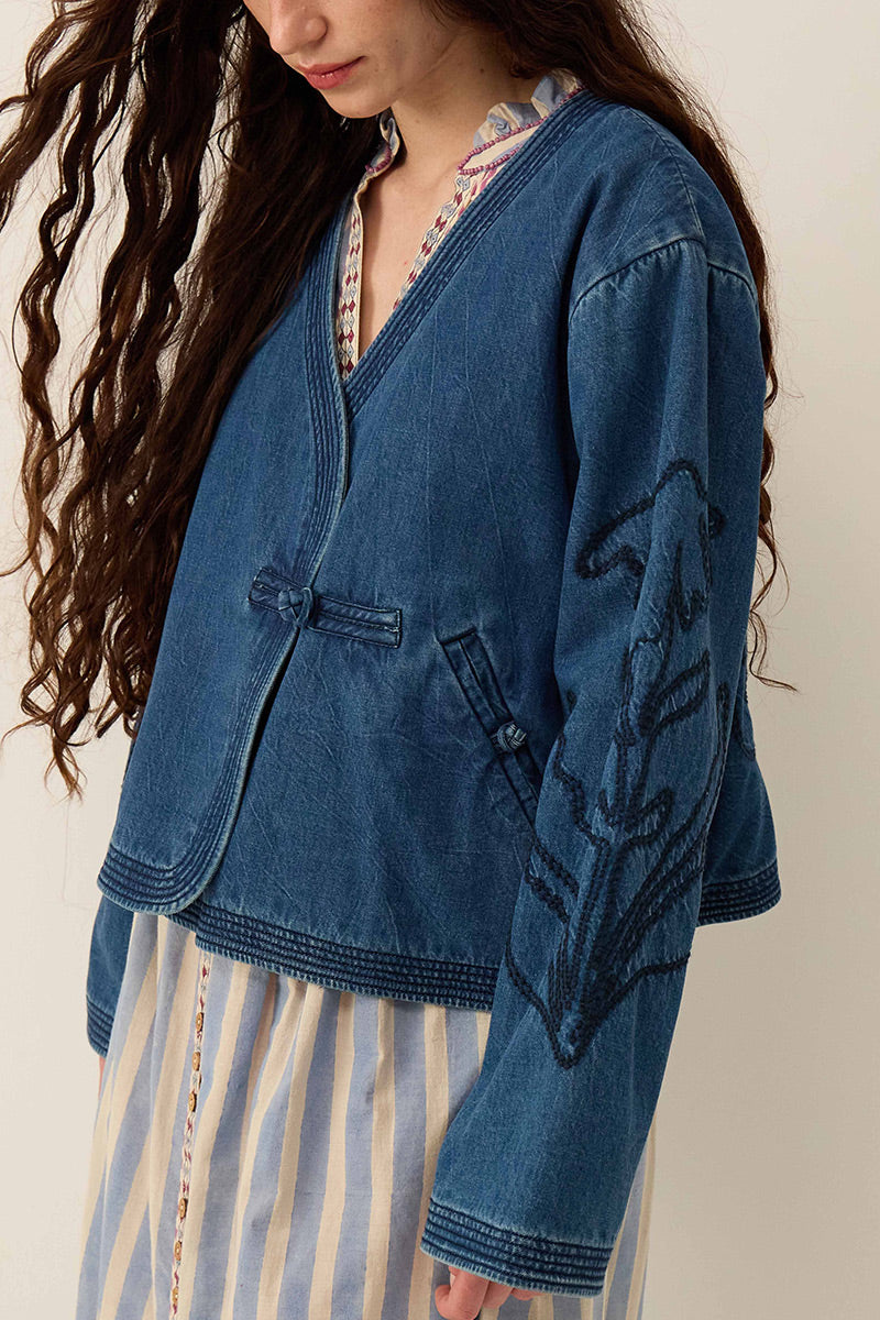 Juna Denim Botanical Embroidered Jacket