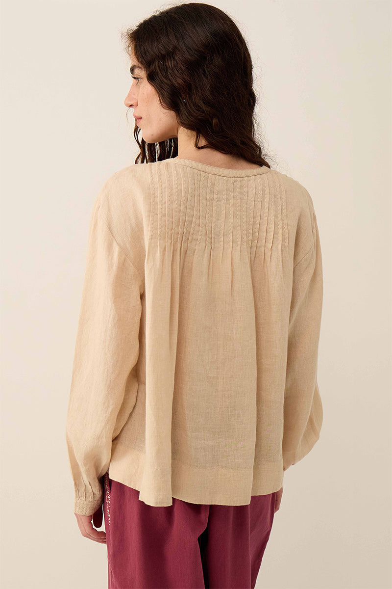 Liza Pintuck Linen Top Beige