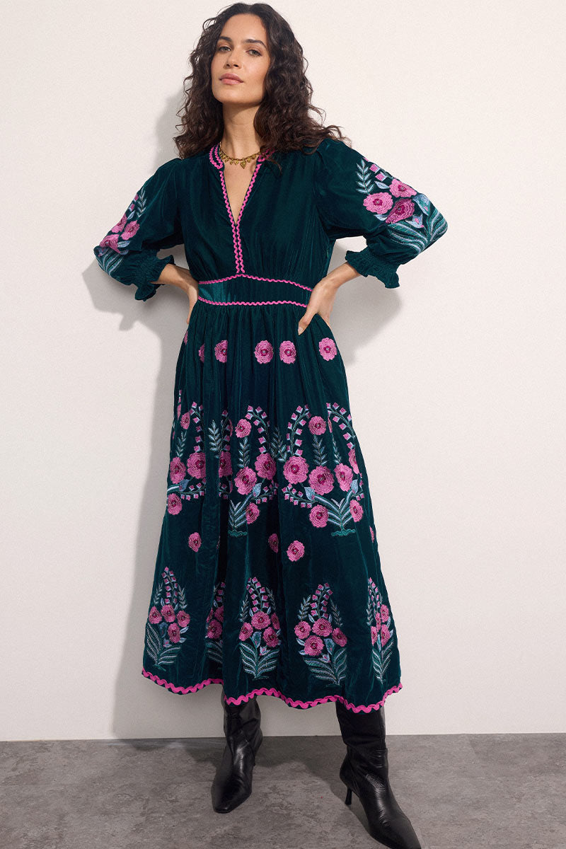 Logan Floral Embroidered Velvet Maxi Dress