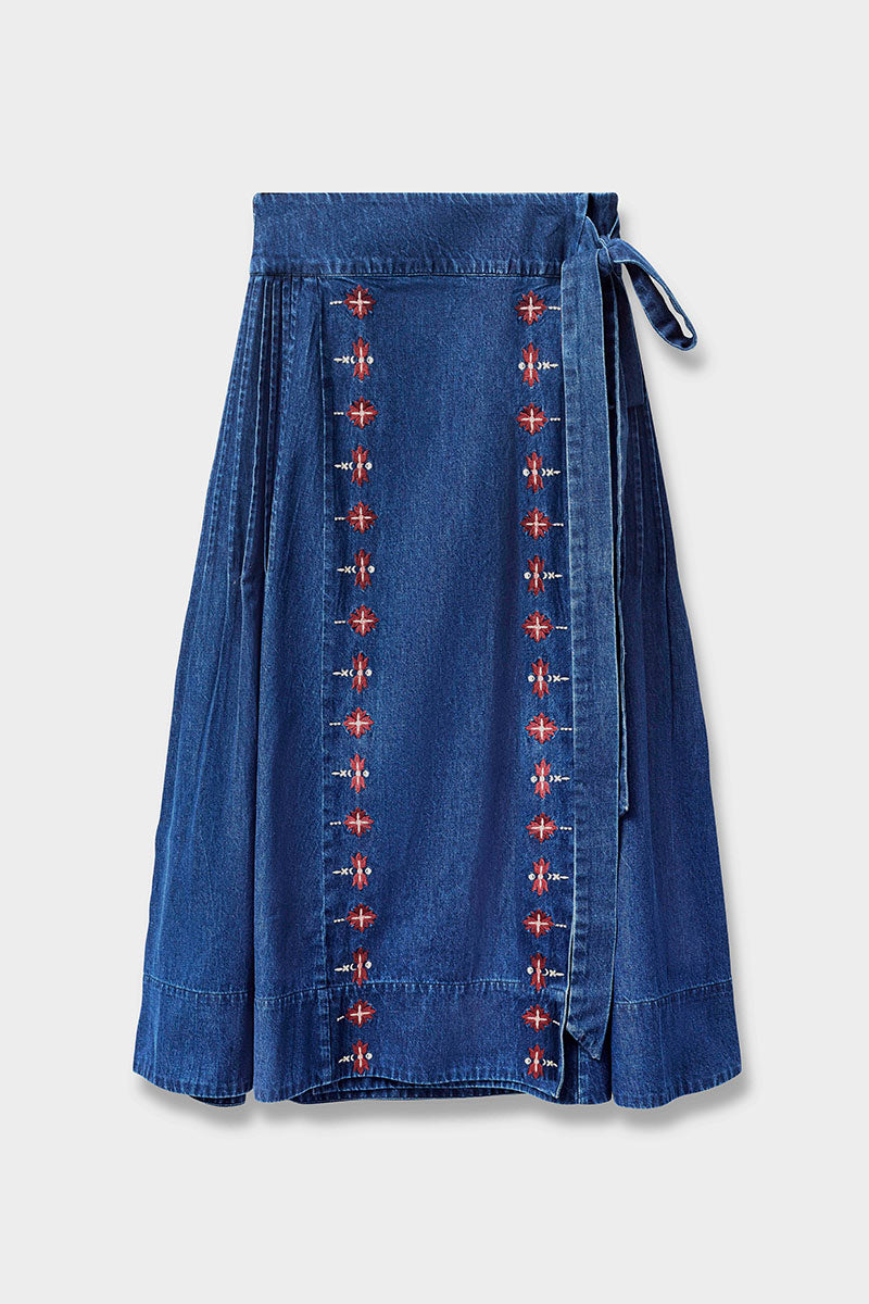 Marion Denim Wrap Embroidered Skirt