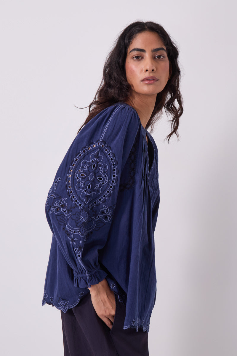 Pavlina Embroidered Cotton Navy Top